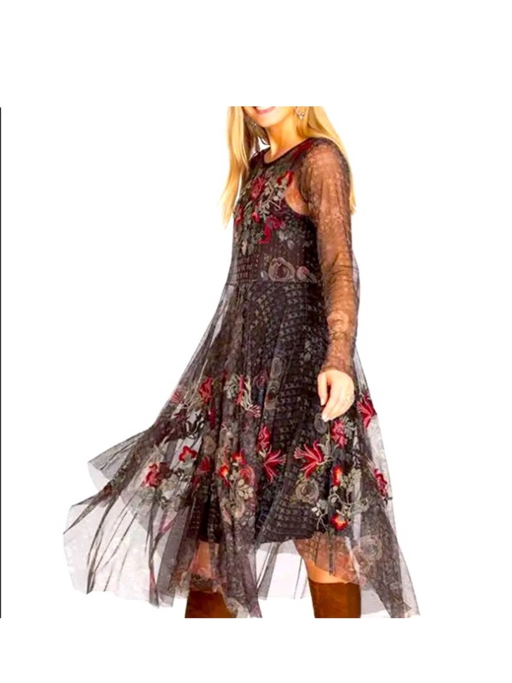 Johnny Was Biya Maude dress dark brown floral sheer embroidery size small boho